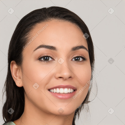 Joyful white young-adult female with long  brown hair and brown eyes