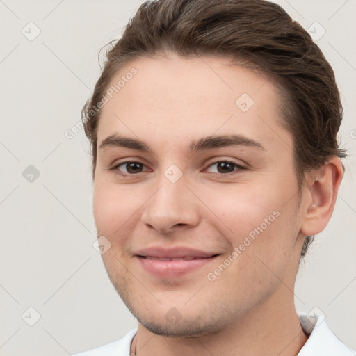 Joyful white young-adult female with short  brown hair and brown eyes