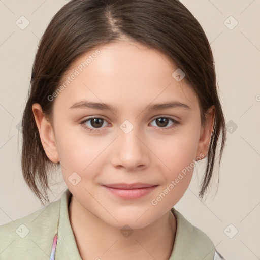 Joyful white child female with medium  brown hair and brown eyes