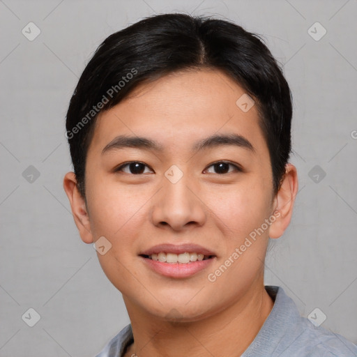 Joyful asian young-adult male with short  black hair and brown eyes