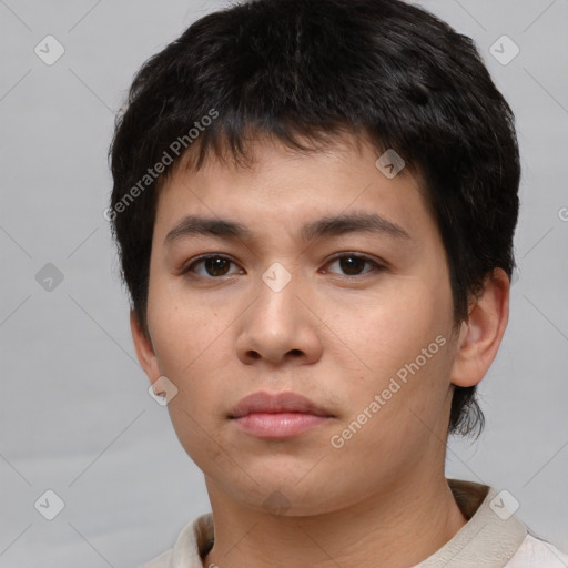 Neutral asian young-adult male with short  brown hair and brown eyes