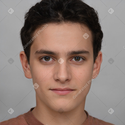 Neutral white young-adult male with short  brown hair and brown eyes