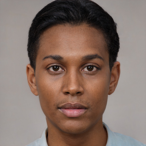 Neutral black young-adult female with short  black hair and brown eyes