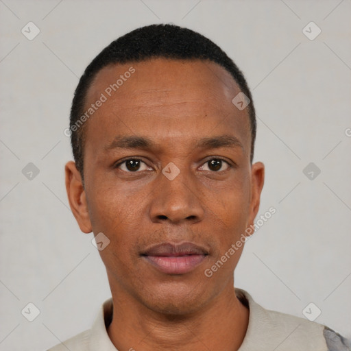 Neutral black adult male with short  black hair and brown eyes