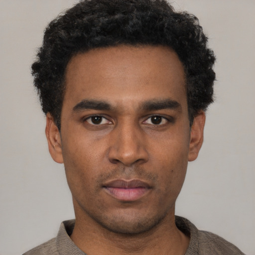 Neutral black young-adult male with short  black hair and brown eyes
