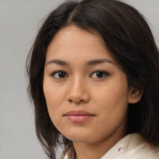 Neutral asian young-adult female with long  brown hair and brown eyes