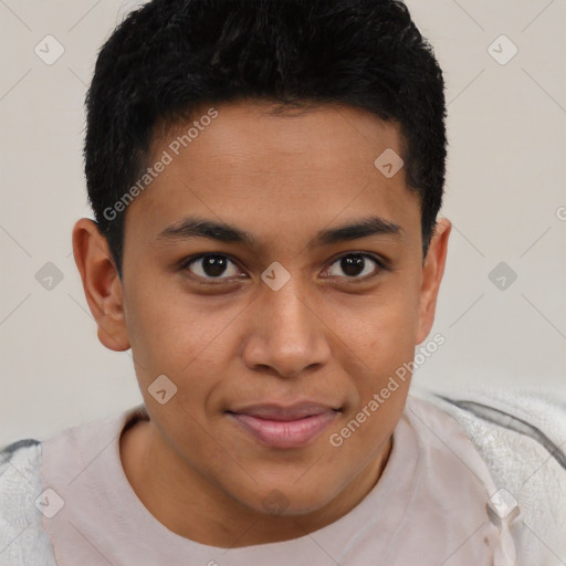 Joyful latino young-adult male with short  brown hair and brown eyes