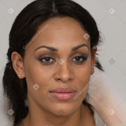 Joyful latino young-adult female with medium  brown hair and brown eyes