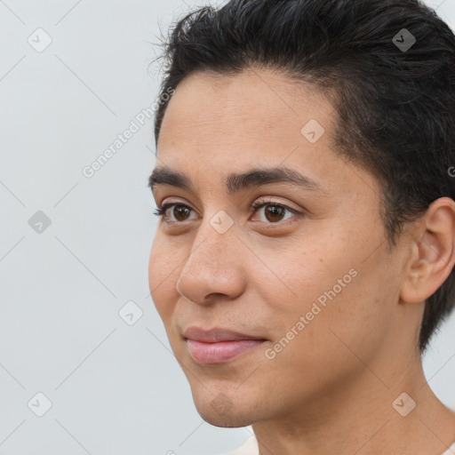 Neutral white young-adult male with short  brown hair and brown eyes