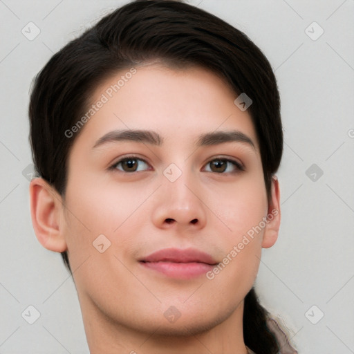 Neutral white young-adult female with short  brown hair and brown eyes