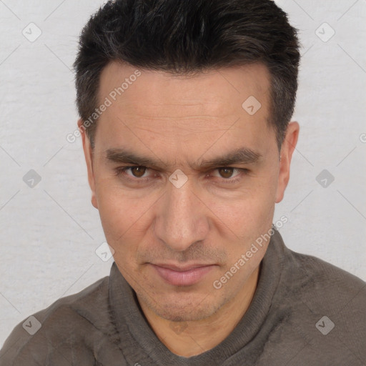 Neutral white adult male with short  brown hair and brown eyes