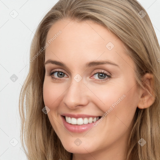 Joyful white young-adult female with long  brown hair and grey eyes