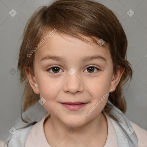 Joyful white child female with medium  brown hair and brown eyes