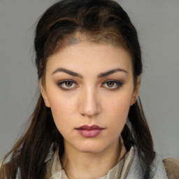 Neutral white young-adult female with medium  brown hair and brown eyes