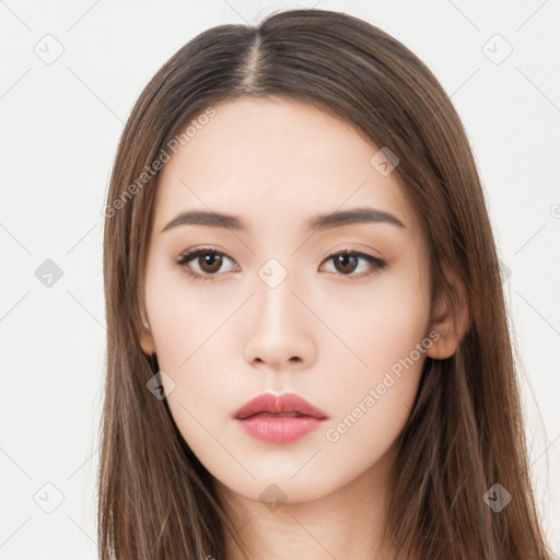 Neutral asian young-adult female with long  brown hair and brown eyes