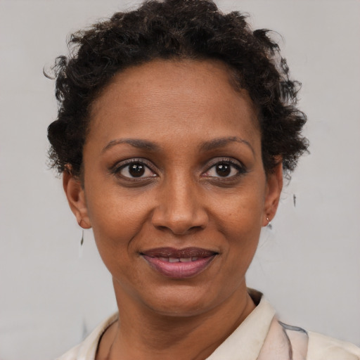 Joyful black adult female with short  brown hair and brown eyes