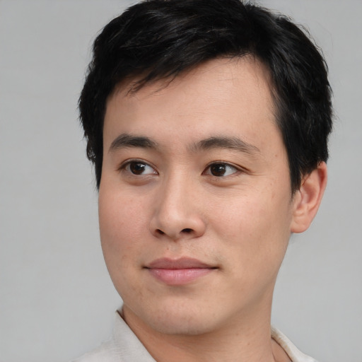 Neutral asian young-adult male with short  black hair and brown eyes