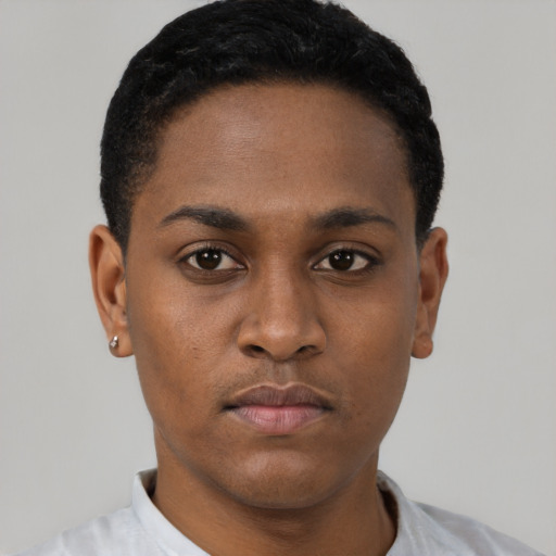 Neutral black young-adult male with short  black hair and brown eyes