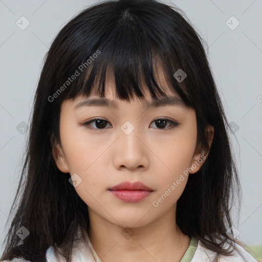 Neutral asian young-adult female with medium  brown hair and brown eyes