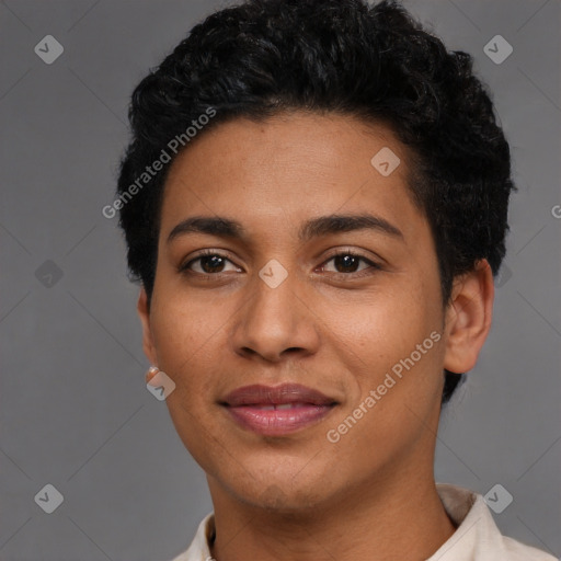 Joyful latino young-adult female with short  black hair and brown eyes