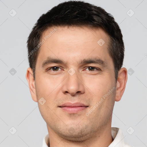 Joyful white young-adult male with short  brown hair and brown eyes