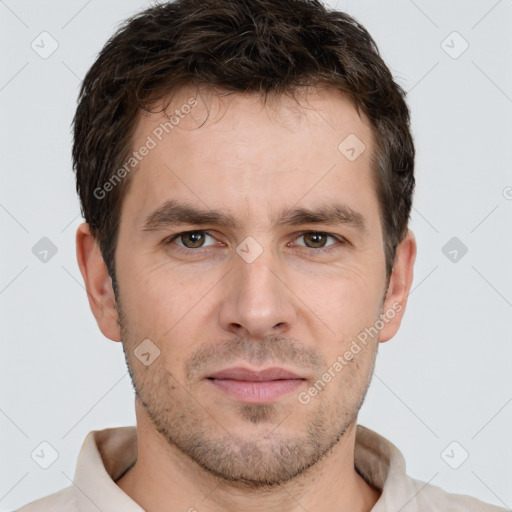 Neutral white young-adult male with short  brown hair and brown eyes