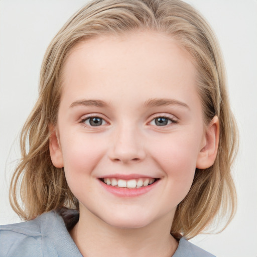 Joyful white child female with medium  brown hair and blue eyes