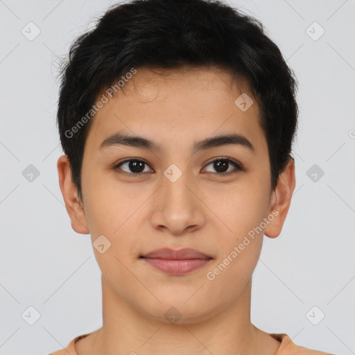 Joyful latino young-adult female with short  brown hair and brown eyes