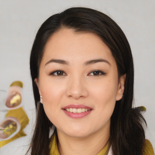 Joyful white young-adult female with long  brown hair and brown eyes