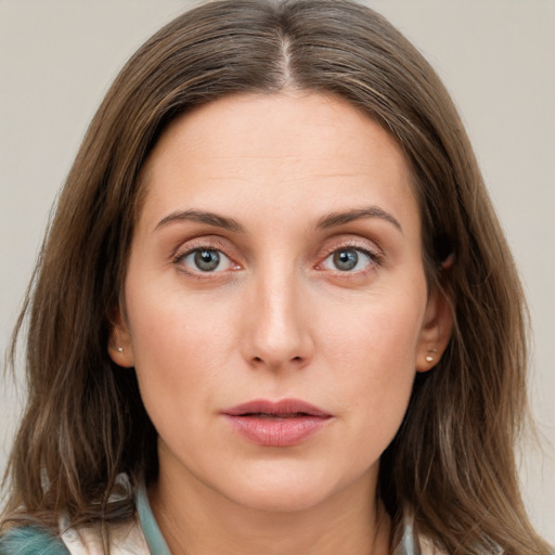 Neutral white young-adult female with medium  brown hair and grey eyes