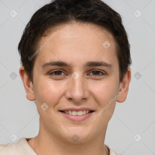 Joyful white young-adult female with short  brown hair and brown eyes