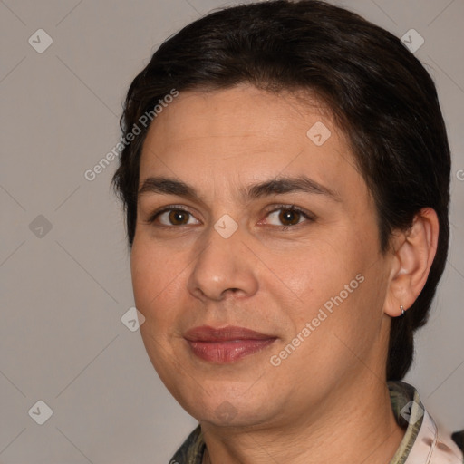 Joyful white adult female with medium  brown hair and brown eyes