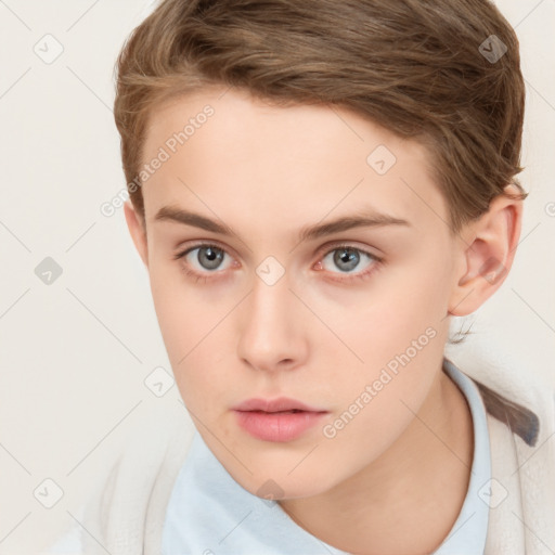 Neutral white young-adult female with short  brown hair and brown eyes