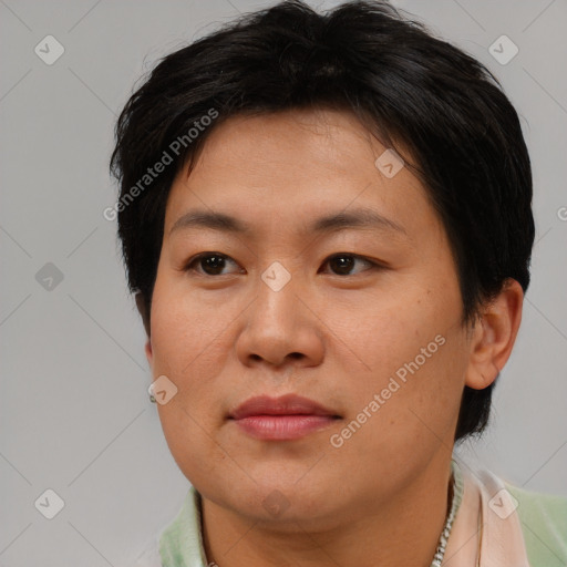 Joyful asian adult female with short  brown hair and brown eyes