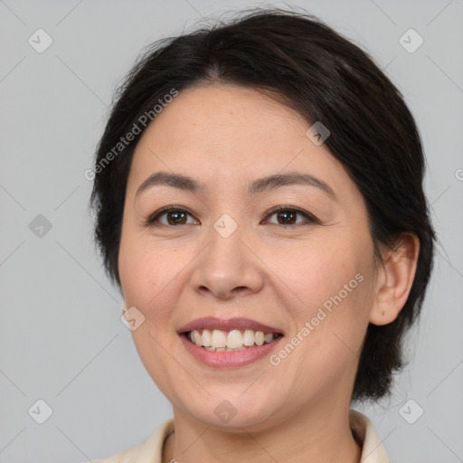 Joyful white young-adult female with medium  brown hair and brown eyes