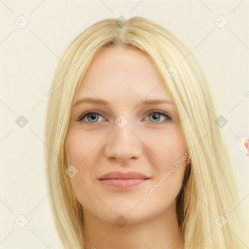 Joyful white young-adult female with long  brown hair and blue eyes