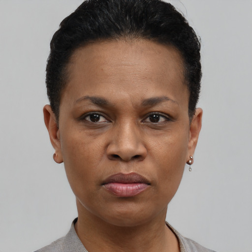 Joyful black adult female with short  black hair and brown eyes