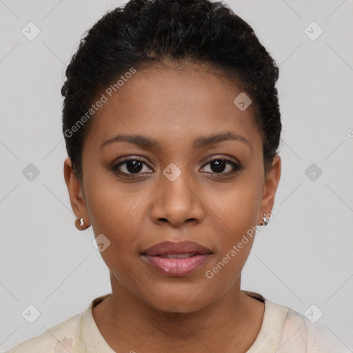 Joyful latino young-adult female with short  black hair and brown eyes