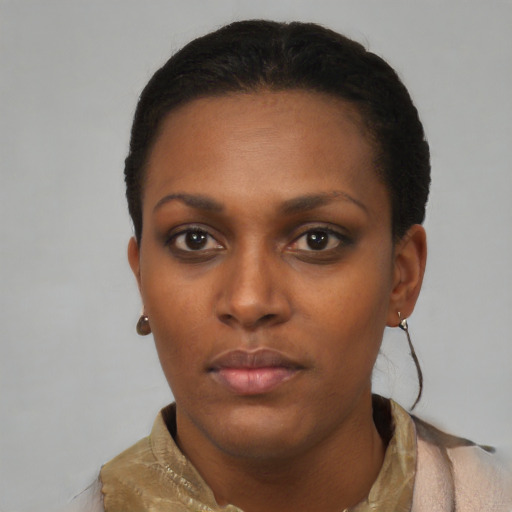 Neutral black young-adult female with short  black hair and brown eyes