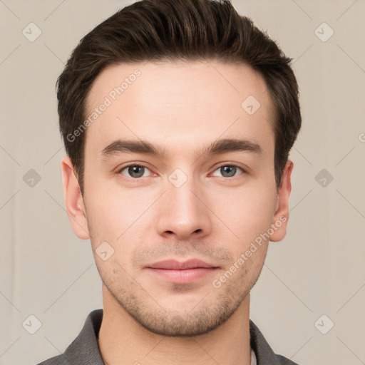 Neutral white young-adult male with short  brown hair and brown eyes