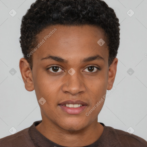 Joyful black young-adult male with short  brown hair and brown eyes