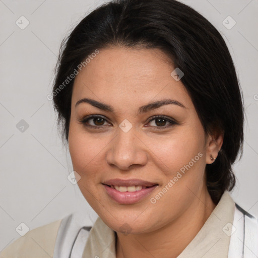 Joyful white young-adult female with medium  brown hair and brown eyes
