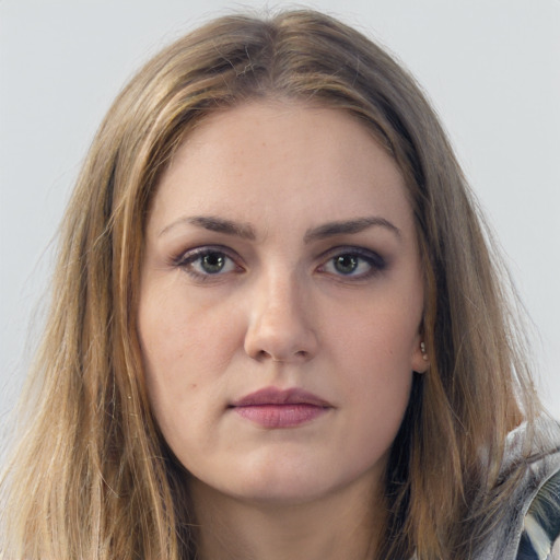 Neutral white young-adult female with long  brown hair and grey eyes