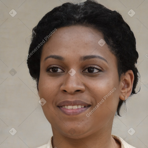 Joyful latino young-adult female with short  black hair and brown eyes