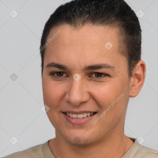 Joyful white young-adult female with short  brown hair and brown eyes