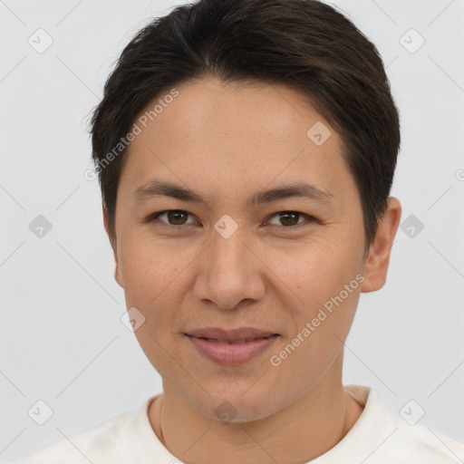 Joyful white young-adult female with short  brown hair and brown eyes