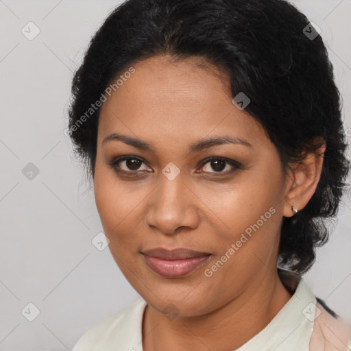 Joyful latino young-adult female with medium  brown hair and brown eyes