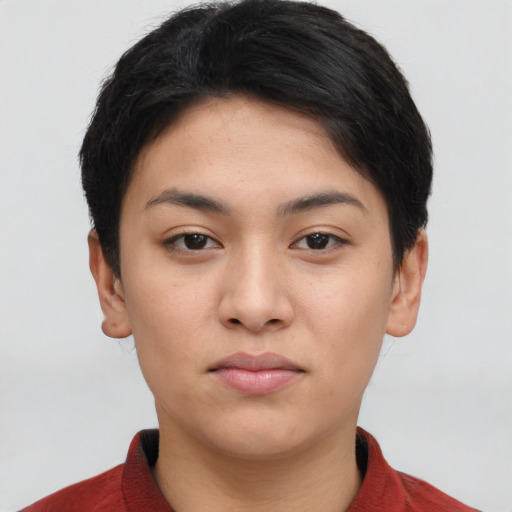 Neutral asian young-adult female with short  black hair and brown eyes