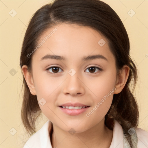 Joyful white child female with medium  brown hair and brown eyes