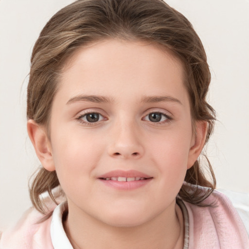 Joyful white child female with medium  brown hair and grey eyes